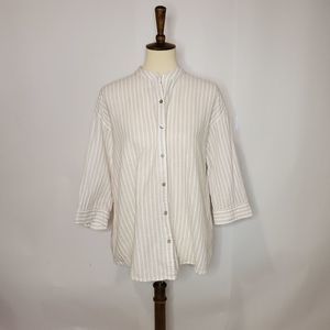 Eileen Fisher white khaki striped button front shirt small